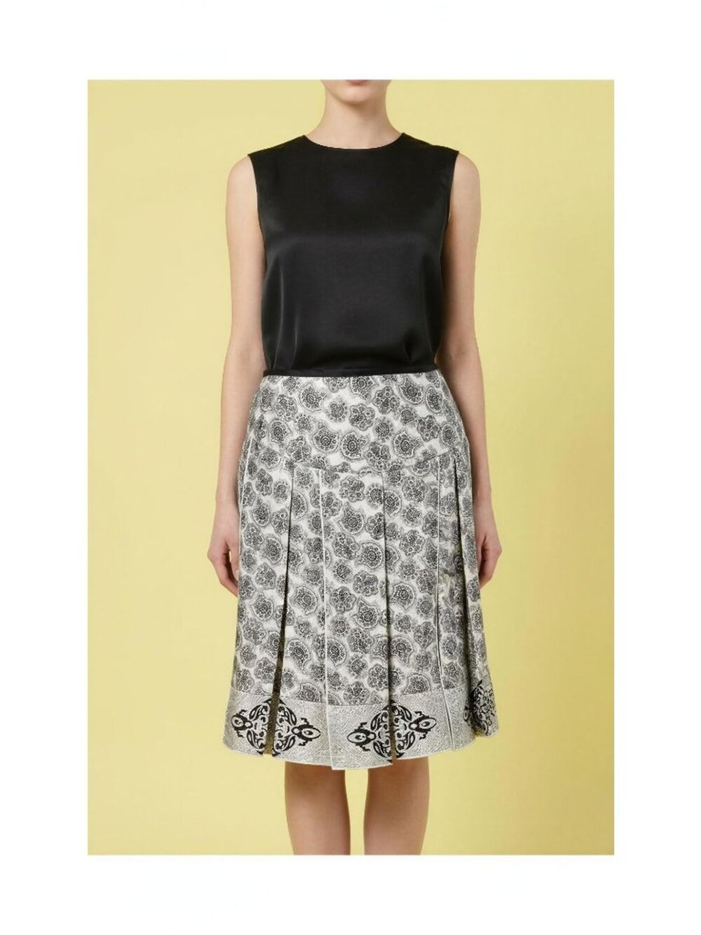 White House Black Market Black & White Pleated Silk Midi Skirt